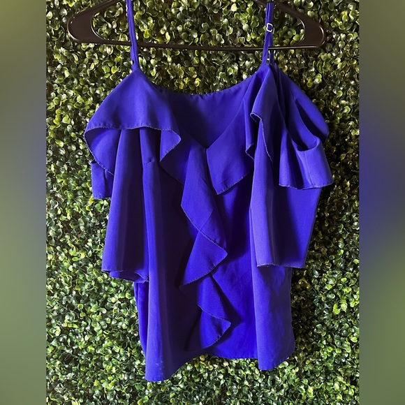 Royal Blue Ruffled Trim Cold Shoulder Blouse - Picture 2 of 2